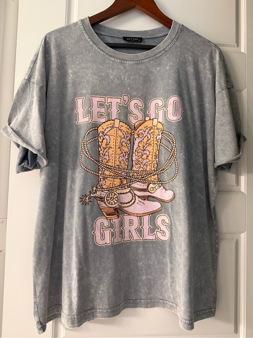 LET'S GO GIRLS Graphic Tee with Cowboy Boot Design - Grey & Pink